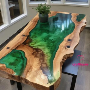 Epoxidharz-Kaffee-Esstischplatte, Epoxidharz-Kaffeetisch, Live Edge, Epoxidharz-Ozeanflusstisch, Holzstein-Strand Themenkarte grüner Tisch