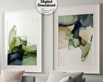Sage Green Abstract Watercolor Painting Set, Coastal Wall Art (Digital Download)