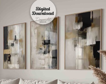 Conjunto de 3 impresiones artísticas modernas en tonos neutros, pintura acrílica abstracta en negro y beige, arte mural minimalista imprimible, impresiones geométricas, descarga instantánea.