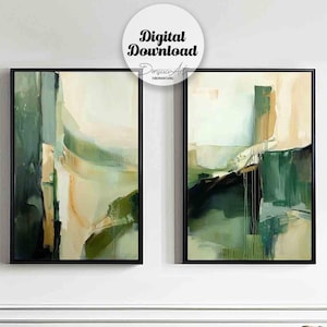 Abstract painting Set of 2 Printable wall art,Lime cream art,Sage green and emerald green Abstract painting home decor,digital art download.