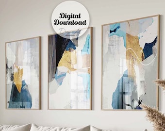 Set of 3 Navy Blue Abstract Art Prints, Modern Nordic Decor (Digital Download)