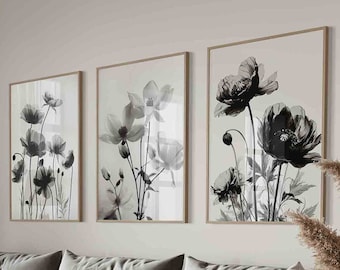 Set of 3 Wild flower Prints,Black and White Prints,Floral Wall Art Printable,Flowers gallery wall set,Bedroom Wall decor,digital download