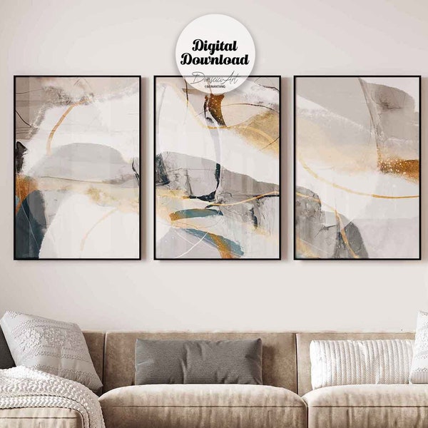3er-Set moderne abstrakte Kunst, beige und goldfarbene abstrakte Malerei, minimalistische Wandkunst, neutrale nordische Kunst, digitaler Download Kunst.