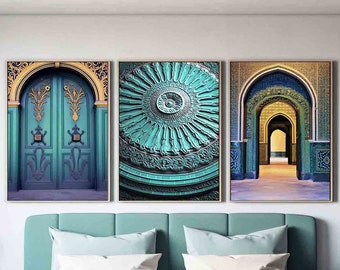 Navy blue Moroccan Wall Art Set of 3,Islamic Architecture Print,Moroccan wall set,Printable Morocco Photography gallery set,digital download