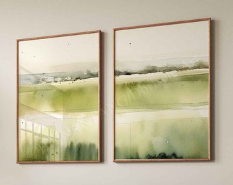 Sage green Abstract landscape set of 2,Minimal watercolor painting,Abstract Gallery wall set,Neutral Wall decor,digital art download