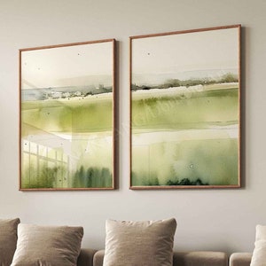 Sage green Abstract landscape set of 2,Minimal watercolor painting,Abstract Gallery wall set,Neutral Wall decor,digital art download