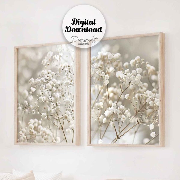 Neutral flowers Printable wall art Set of 2,Gypsophila paniculata,Botanic prints,Floral Wall decor,Plants home decor,digital art download.