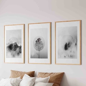 black&white wall art,Forest Prints Set, Mountain Wall Art, Set Of 3 Prints,Landscape Prints,Scandinavian Minimalist Forest art prints,nordic