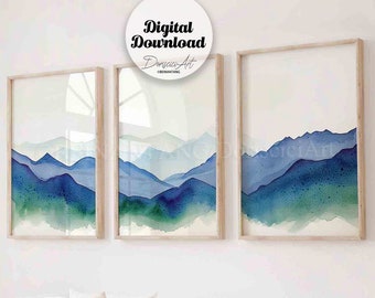 Set of 3 mountain printable wall art,Navy blue Abstract landscape wall decor,Watercolor painting Gallery wall Set,digital art download.