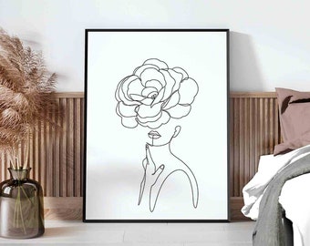 Female flower line-b©BEINANTANG/DorisciciArt.Abstract woman line portrait,flower line art,minimalist art print,line art woman,female figure