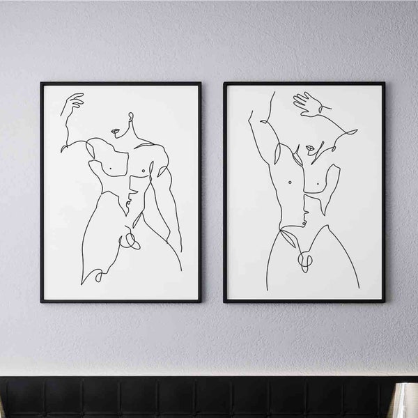 Abstract Nude printable Set of 2,male Line Art set, men Single Line Sketch,man Minimal Wall Art, gay art print,Nude Prints,men nude line art