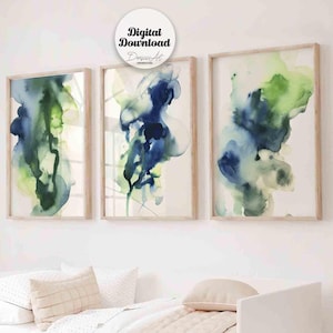 Watercolor Landscape Print Set: Abstract Navy Blue Green Art (Digital Download)