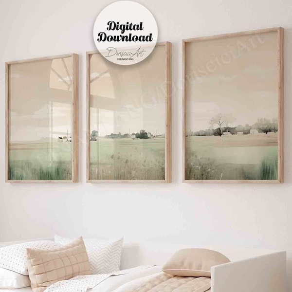 Conjunto de 3 cuadros de paisaje abstracto, galería de pared con paisaje de granja verde salvia, decoración de casa de campo, descarga digital