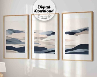 Abstract landscape wall art,set of 3 prints,Modern Coastal Gallery Set,Minimalist art Printable,Navy blue Nordic Prints,digital art download