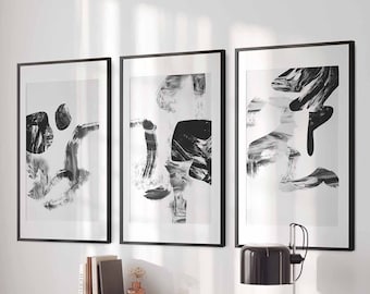 Set of 3 black abstract prints,printable set of 3,minimalist print set,scandinavian art set,black white art,modern prints,large wall art