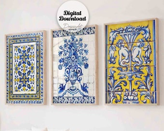 Indigo Lisbon Tile Art Print Set, Mediterranean Baroque Decor (Digital Download)