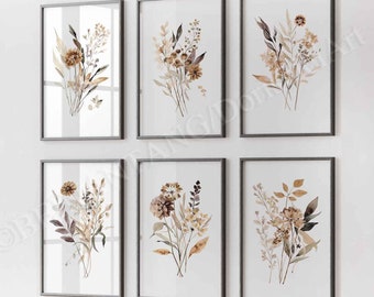 Set of 6 boho botanic Prints,Neutral dried flowers printable,Nursery Wall Art,Farmhouse decor,Wild flowers gallery wall set,Digital download