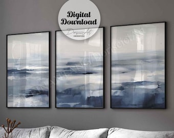 Abstract landscape wall art,set of 3 prints,Coastal Gallery wall Set,Minimal art Printable,Navy blue scenery wall decor,digital art download