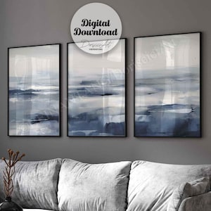 Abstrakte Landschaft Wandkunst, Set von 3 Drucken, Küsten Galerie Wand Set, Minimal Kunst zum Ausdrucken, marineblau Landschaft Wanddekoration, digitale Kunst Download