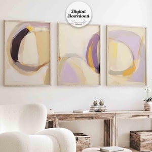 Conjunto de 3 obras de arte de pared imprimibles abstractas neutras, pintura acrílica violeta y beige, conjunto de pared de galería moderna, decoración del hogar, descarga de arte digital.