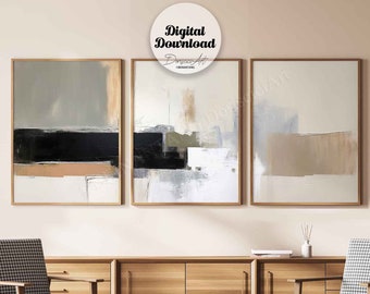 Set of 3 abstract art Prints,sage and beige wall decor,Neutral acrylic painting,Modern minimalist gallery wall set,digital art download