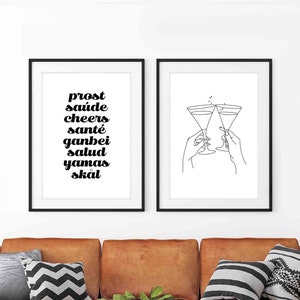 Set of 2 Prints,Cheers Drinks printable Art set,Cheers in Different Languages,Line Drawing Drinking,Drinking line art,instant download art