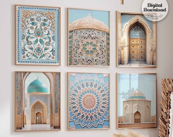 May include: A set of six framed prints featuring intricate geometric patterns and architectural details in shades of blue, gold, and white. The prints are arranged in a grid pattern on a white wall, with a brown couch and a coffee table in the foreground.