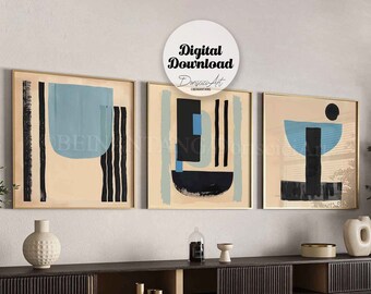 Set of 3 Square boho Abstract printable Wall Art,Modern geometric painting,Minimalist navy blue home decor,digital download art.