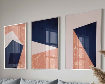 Set of 3 Prints, blue and pink Geometric Wall Art,mid century modern art,scandinavian art,Modern Triangle Wall Art,Minimalist Art Print.
