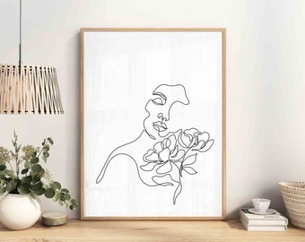 Botanical girl-b©BEINANTANG/DorisciciArt.Abstract Woman With Flower print,Minimal female Line Drawing,scandinavian art,botanical line sketch