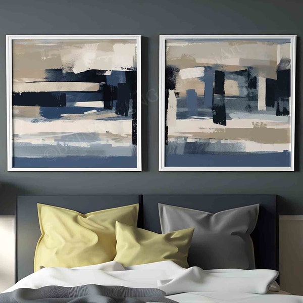 Conjunto de 2 cuadros abstractos azules marinos, arte de pared imprimible moderno grande, conjunto de pared de galería, decoración de pared de sala de estar, descarga de arte digital