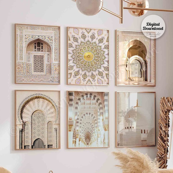 Ensemble de 6 oeuvres d'art murales marocaines neutres, ensemble de galeries de photographies de mosquée imprimable, art mural oriental, architecture islamique, téléchargement d'art numérique.