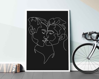Gay Kiss Line Art Print, Minimalist Male Couple Drawing (Digital Download)