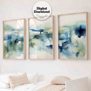 Ensemble de 3 peintures de paysage aquarelle abstraites neutres, ensemble galerie bleu marine et vert, art minimaliste imprimable, téléchargement d'art numérique.