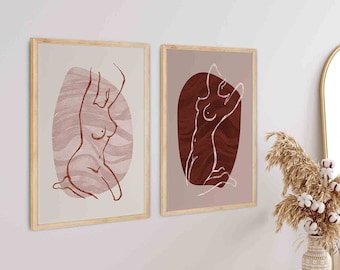 set of 2 abstract prints,Nude Prints,printable wall art set,printable set of 2,Woman Body Prints,naked line art set,Woman Single Line Sketch