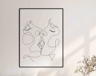 Deeply kiss©BEINANTANG.Kiss Printable wall art,Lesbian Art Print,One Line Drawing,Minimalist female line art,Minimal LGBTQ Art.