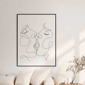 Beso profundo©BEINANTANG.Beso Arte de pared imprimible, Impresión de arte lésbico, Dibujo de una línea, Arte lineal femenino minimalista, Arte LGBTQ minimalista.