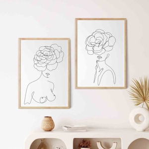 Set of 2 abstract prints,Nude Prints,printable wall art set,printable set of 2,Woman Body Prints,naked line art set,flower woman wall art