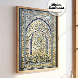 May include: A framed digital print with a detailed floral pattern in blue, yellow, and white. The artwork, with an archway design, is set in a wooden frame. The words "Digital Download" are displayed on the print.