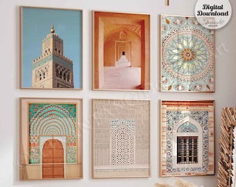 May include: A set of six framed prints featuring intricate Moroccan architecture. The prints showcase a variety of architectural details, including arches, doorways, and tilework. The prints are arranged in a grid pattern on a white wall.