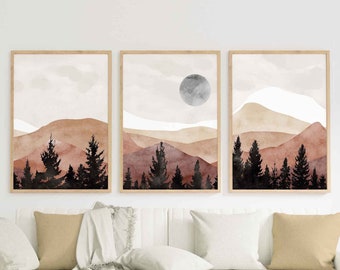 Abstract Mountain Print Set of 3,Abstract Landscape Wall Art Set,Mid Century Modern Wall Art, Boho Printable Art,digital download art.