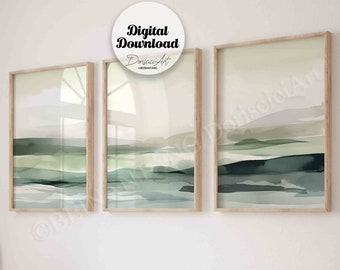 Set of 3 neutral Abstract landscape Watercolor painting,Sage green Coastal modern Gallery wall Set,Minimal art Printable,digital download