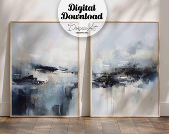 Set of 2 navy blue Abstract painting,Modern Textured acrylic wall art,Abstract Gallery wall set,livingroom Wall decor,digital art download