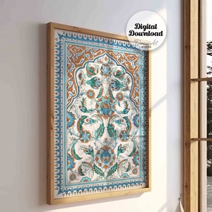Art mural imprimable motif carreaux islamique, impression ornement arabe ethnique, décoration murale indigo, art de la photographie marocaine bohème, téléchargement d'art numérique.