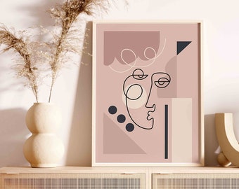 abstract woman face line drawing,printable wall art,mid century modern prints,minimalist art print,abstract geometric print,female poster