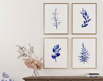 Set of 4 watercolor botanical prints,blue Printable botanical set,abstract watercolor leaves prints,Botanical wall art,printable set