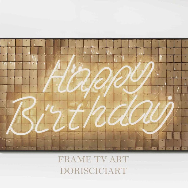 Enseigne au néon doré, Samsung Frame TV Art, Birthday tv Art, Joyeux anniversaire signe, Décoration de fête d’anniversaire, Art de téléchargement numérique, Frame TV Art.