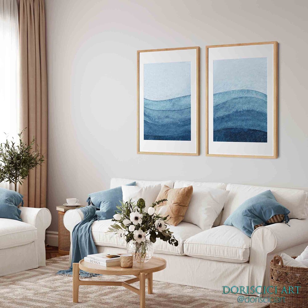 Set of 2 Prints, Printable Wall Art, Navy Blue Abstract Landscape ...