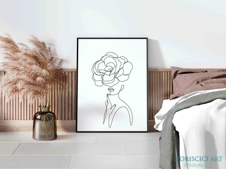 Female flower line-b©BEINANTANG/DorisciciArt.Abstract woman line portrait,flower line art,minimalist art print,line art woman,female figure image 1