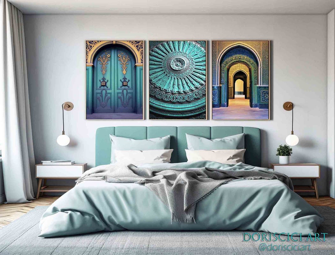 Navy Blue Moroccan Wall Art Set of 3,islamic Architecture Print